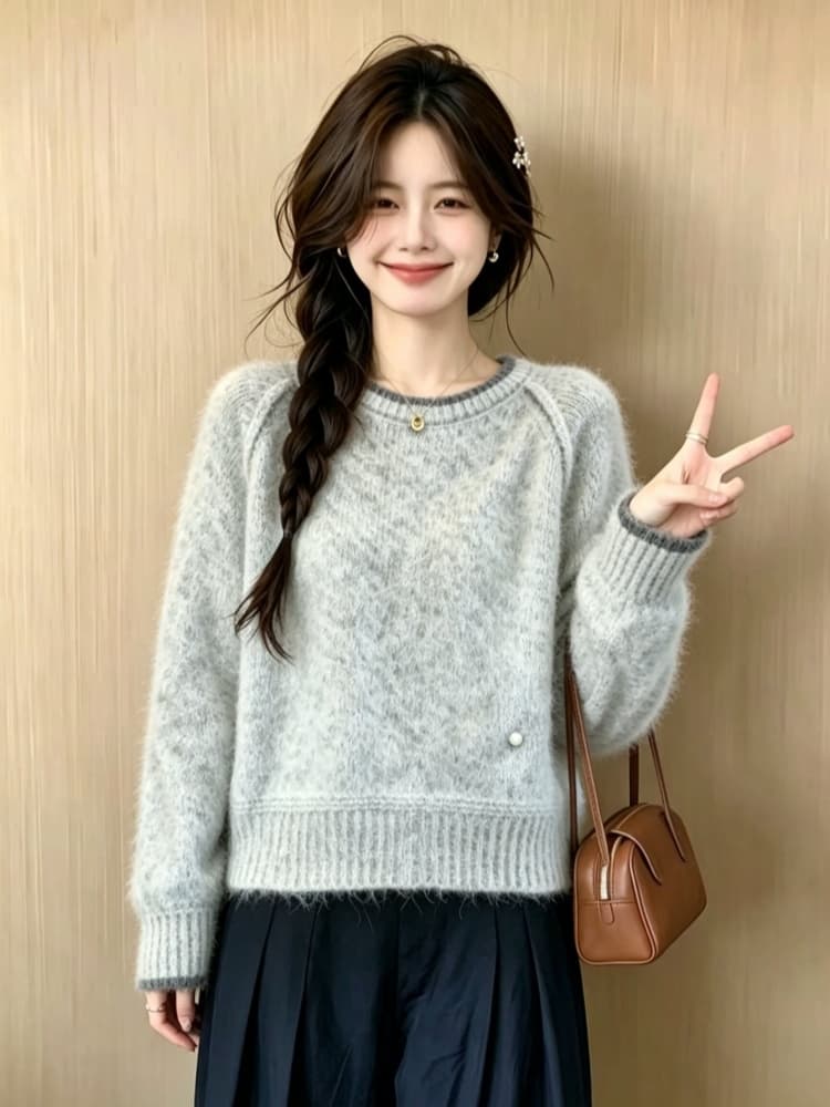 실사 빅 사이즈 여성 의류 가을 겨울 지방 mm 부드러운 찹쌀 라운드 넥 니트 스웨터 쇼트 스타일 맨위 패션 연령 감소 다용도 스웨터 이미지 2