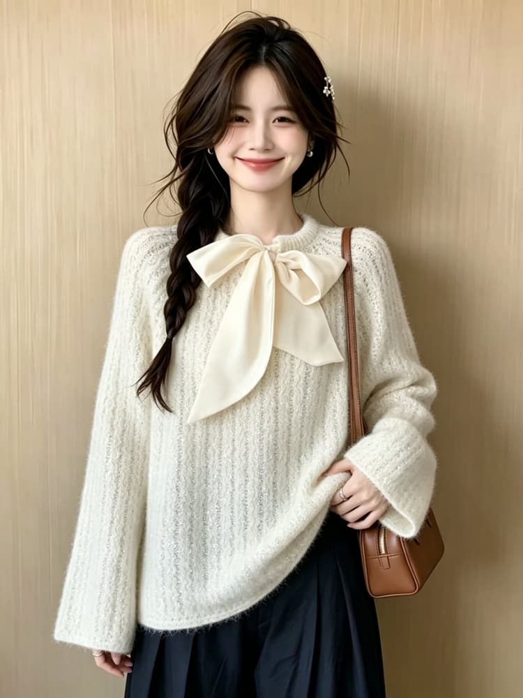실사 빅 사이즈 여성 의류 프랑스식 나비 매듭 무거운 작업 스팽글 전후 둘 착용 품격 부드러운 찹쌀 다용도 니트 스웨터 맨위 상세 이미지 3