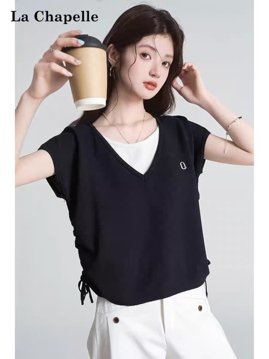 여름 새로운 일본식 미니멀리즘 페이크 레이어드 V넥 펌프 로프 쇼트 스타일 스트라이프 얼음 실크 반팔 티셔츠 상세 이미지 3