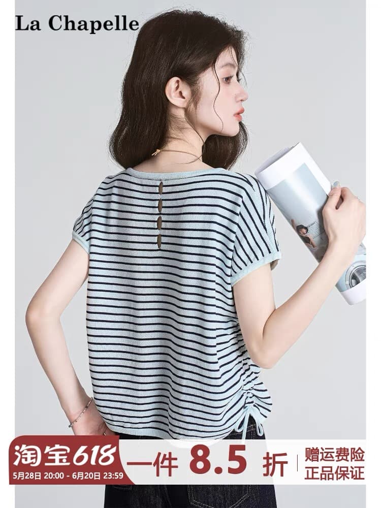 여름 새로운 일본식 미니멀리즘 페이크 레이어드 V넥 펌프 로프 쇼트 스타일 스트라이프 얼음 실크 반팔 티셔츠 상세 이미지 7