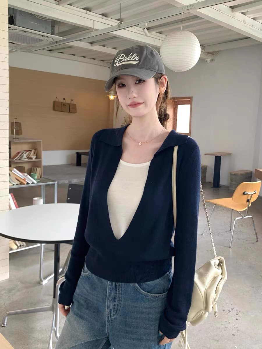 배색 u 칼라 긴팔 니트 스웨터 여성 페이크 레이어드 POLO 셔츠 맨위 상세 이미지 19