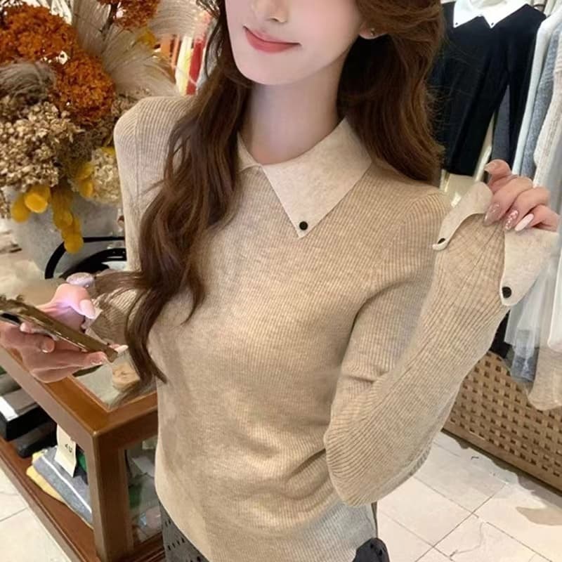 한 부서 배색 페이크 레이어드 니트 스웨터 여성 새로운 기본 셔츠 여성 가을 인사이드 가져 가라. 수 있습니다. 외출용 고급 센스