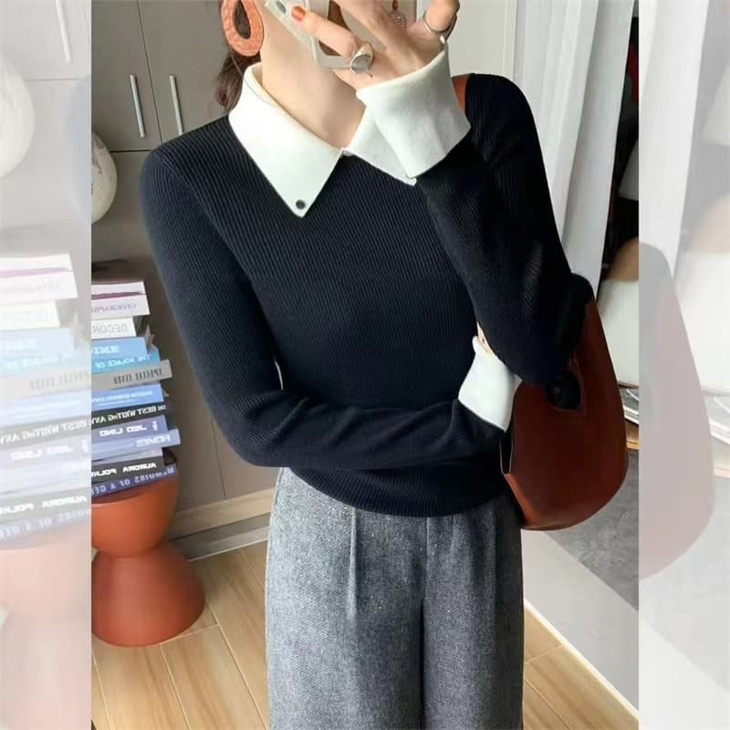 한 부서 배색 페이크 레이어드 니트 스웨터 여성 새로운 기본 셔츠 여성 가을 인사이드 가져 가라. 수 있습니다. 외출용 고급 센스 상세 이미지 4