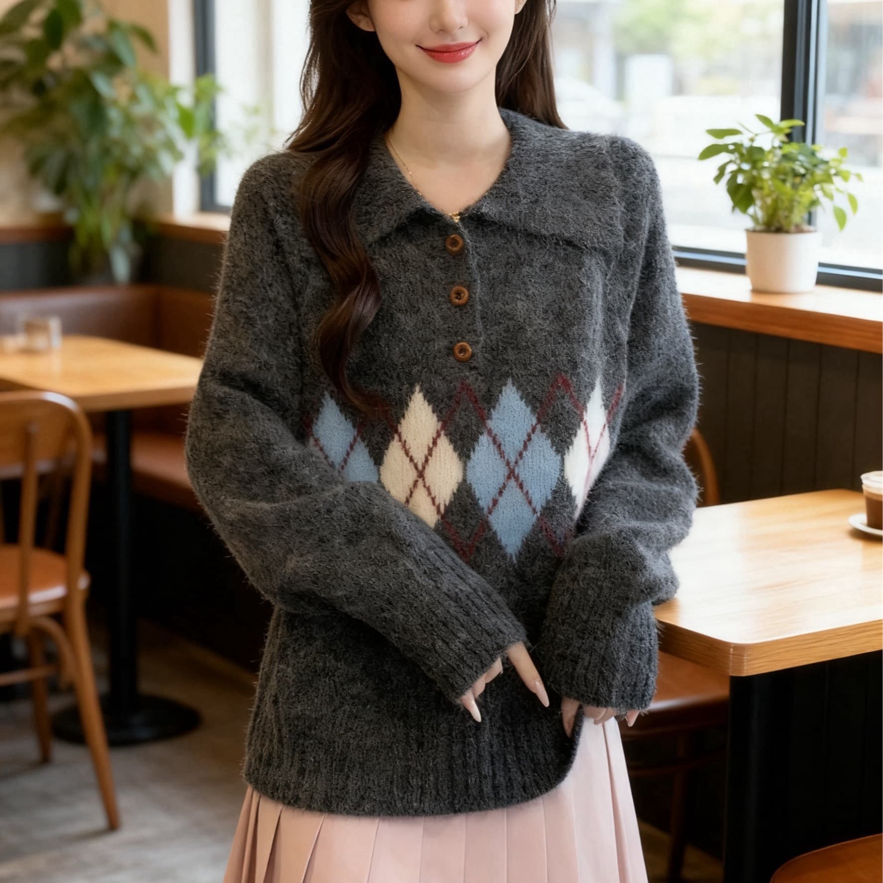 한국 동대문 아름다움 라드. POLO 칼라 스웨터 여자 느긋한 외출용 이른 가을 겨울 루즈핏 chic 니트 스웨터 켜기 이미지 5