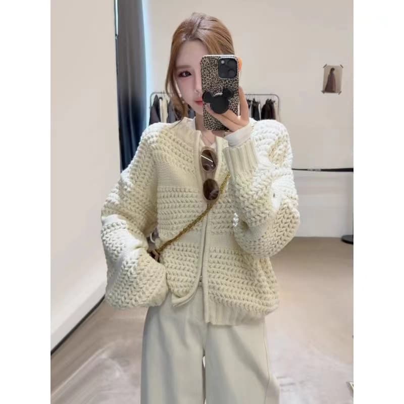 레트로 무거운 작업 파인애플 바늘 두꺼운 니트 스웨터 코트 두꺼운 보온 지퍼 오픈 가디건 여성 동대문 가을 새로운 이미지 3