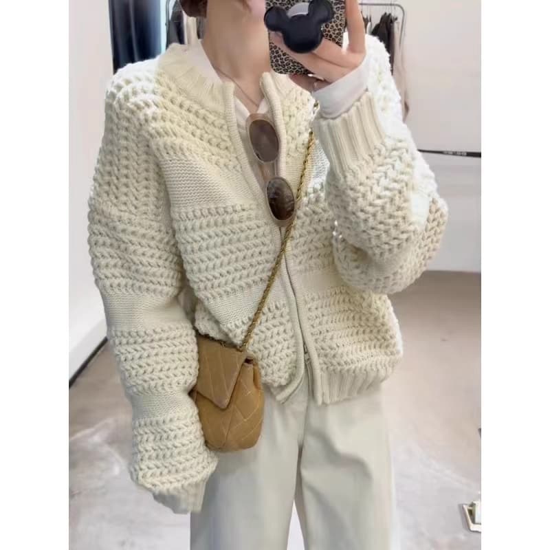 레트로 무거운 작업 파인애플 바늘 두꺼운 니트 스웨터 코트 두꺼운 보온 지퍼 오픈 가디건 여성 동대문 가을 새로운 이미지 2