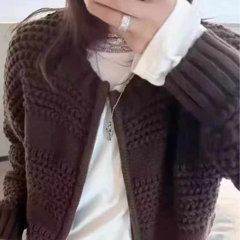 레트로 무거운 작업 파인애플 바늘 두꺼운 니트 스웨터 코트 두꺼운 보온 지퍼 오픈 가디건 여성 동대문 가을 새로운 이미지 5
