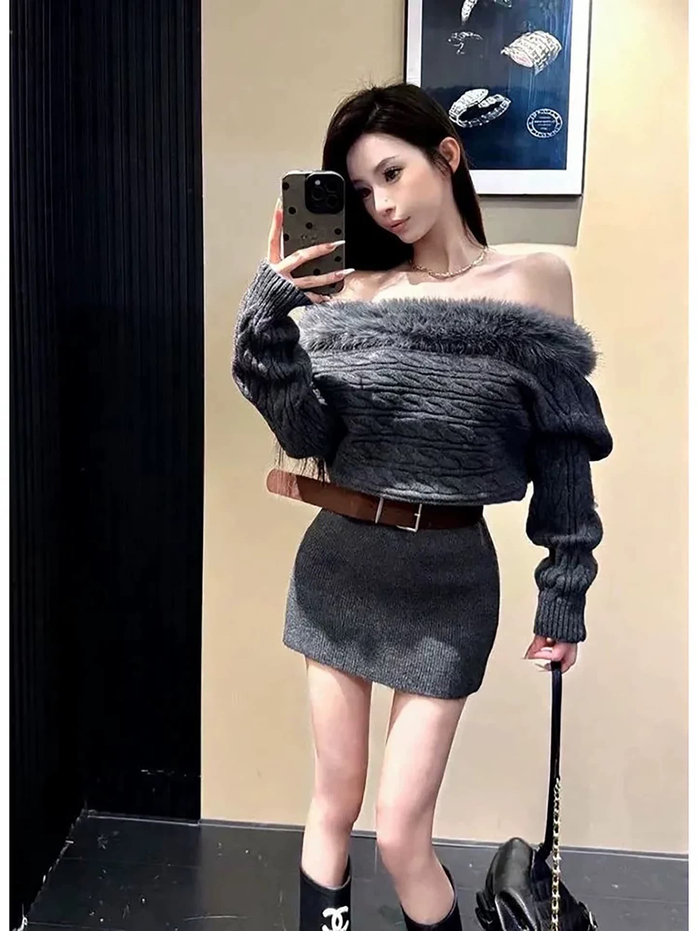 겨울 단색 다용도 두꺼운 모피 오프숄더 풀오버 몸매 가꾸기 모피 칼라 스웨터 타이트 스커트 드레스 벨트 포함 상세 이미지 9