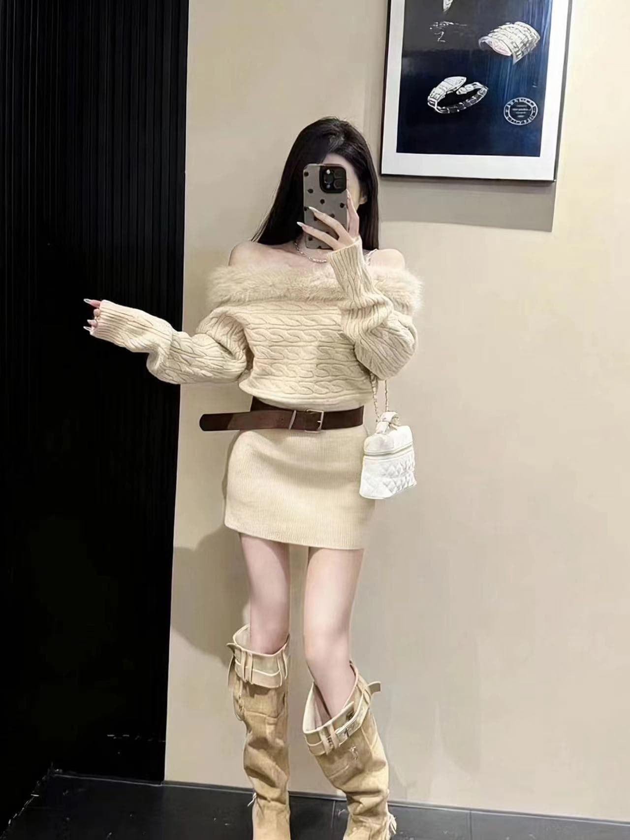 벨트 포함 모피 오프숄더 모피 칼라 니트 여성 드레스 가을 겨울 새로운 디자인 센스 Chic 한 부서 치마 상세 이미지 5