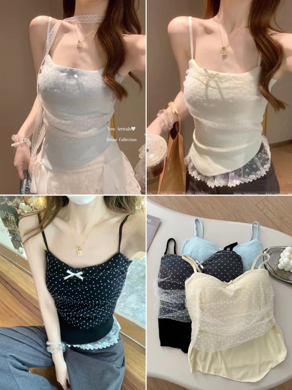 여름 새로운 달콤한 스타일 망사 도트 무늬 캐미솔 몸매 가꾸기 슬림해 보이는 여성 고정 벨트 가슴 패드 다용도