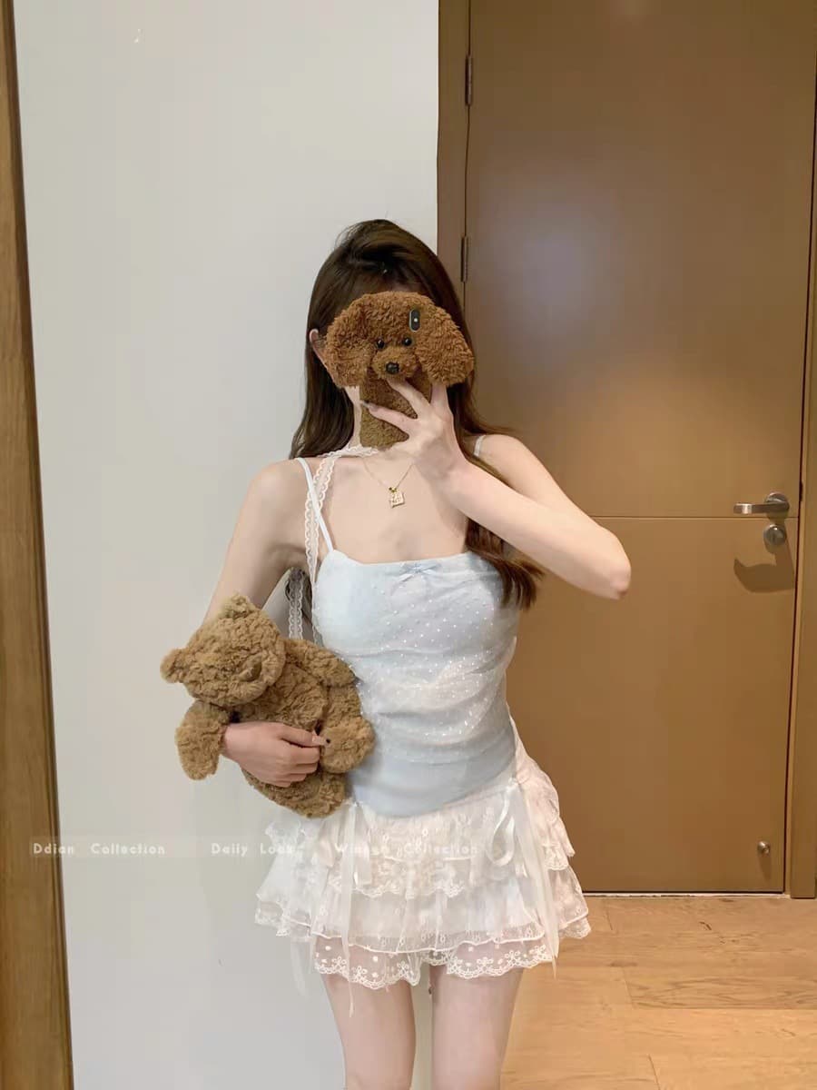 여름 새로운 달콤한 스타일 망사 도트 무늬 캐미솔 몸매 가꾸기 슬림해 보이는 여성 고정 벨트 가슴 패드 다용도 상세 이미지 2