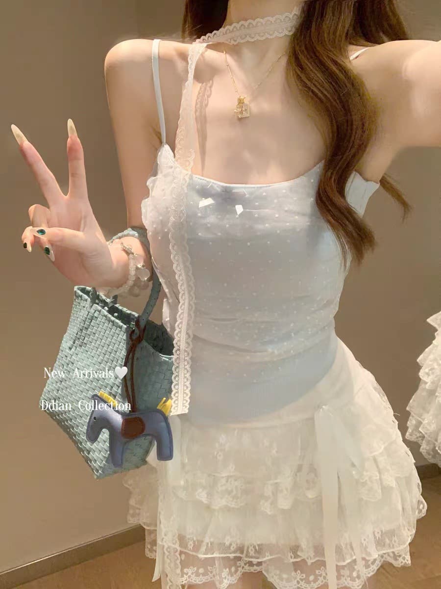 여름 새로운 달콤한 스타일 망사 도트 무늬 캐미솔 몸매 가꾸기 슬림해 보이는 여성 고정 벨트 가슴 패드 다용도 상세 이미지 5