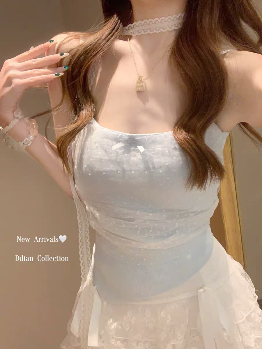 여름 새로운 달콤한 스타일 망사 도트 무늬 캐미솔 몸매 가꾸기 슬림해 보이는 여성 고정 벨트 가슴 패드 다용도 상세 이미지 6
