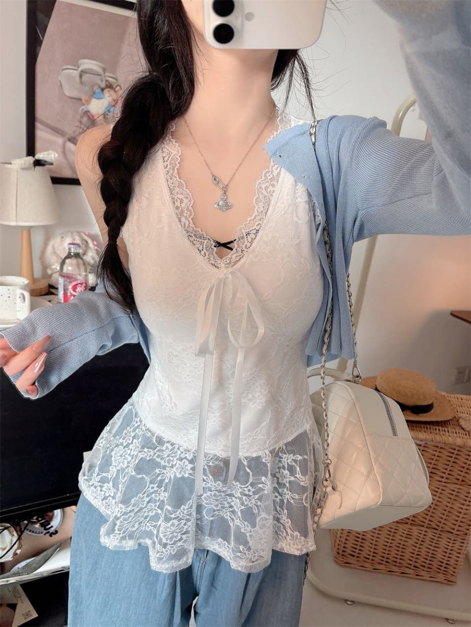 여름 새로운 순수한 욕망 바람 V넥 레이스 레이스 패치워크 조끼 몸매 가꾸기 슬림해 보이는 여성 고정 벨트 가슴 패드 상세 이미지 16