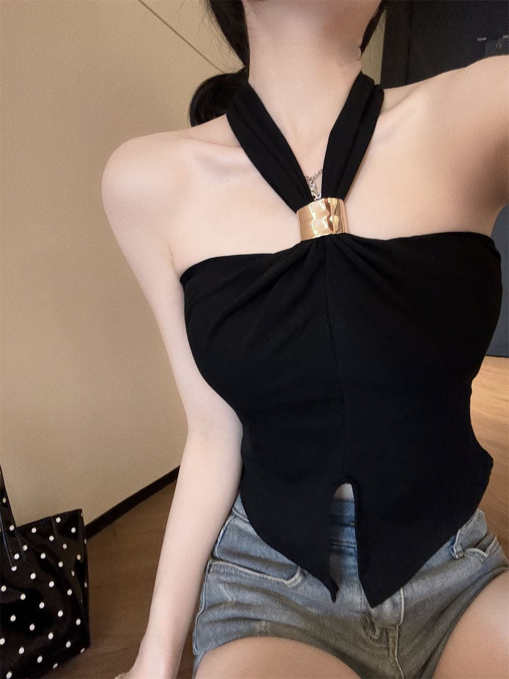 여름 새로운 순수한 욕망 바람 행침 목 주름 아름다움 뒤로 디자인 몸매 가꾸기 슬림해 보이는 여성 고정 벨트 가슴 패드 의류 상세 이미지 32