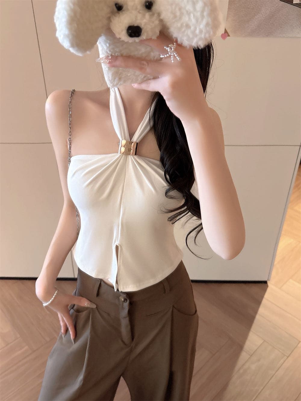 여름 새로운 순수한 욕망 바람 행침 목 주름 아름다움 뒤로 디자인 몸매 가꾸기 슬림해 보이는 여성 고정 벨트 가슴 패드 의류 상세 이미지 38