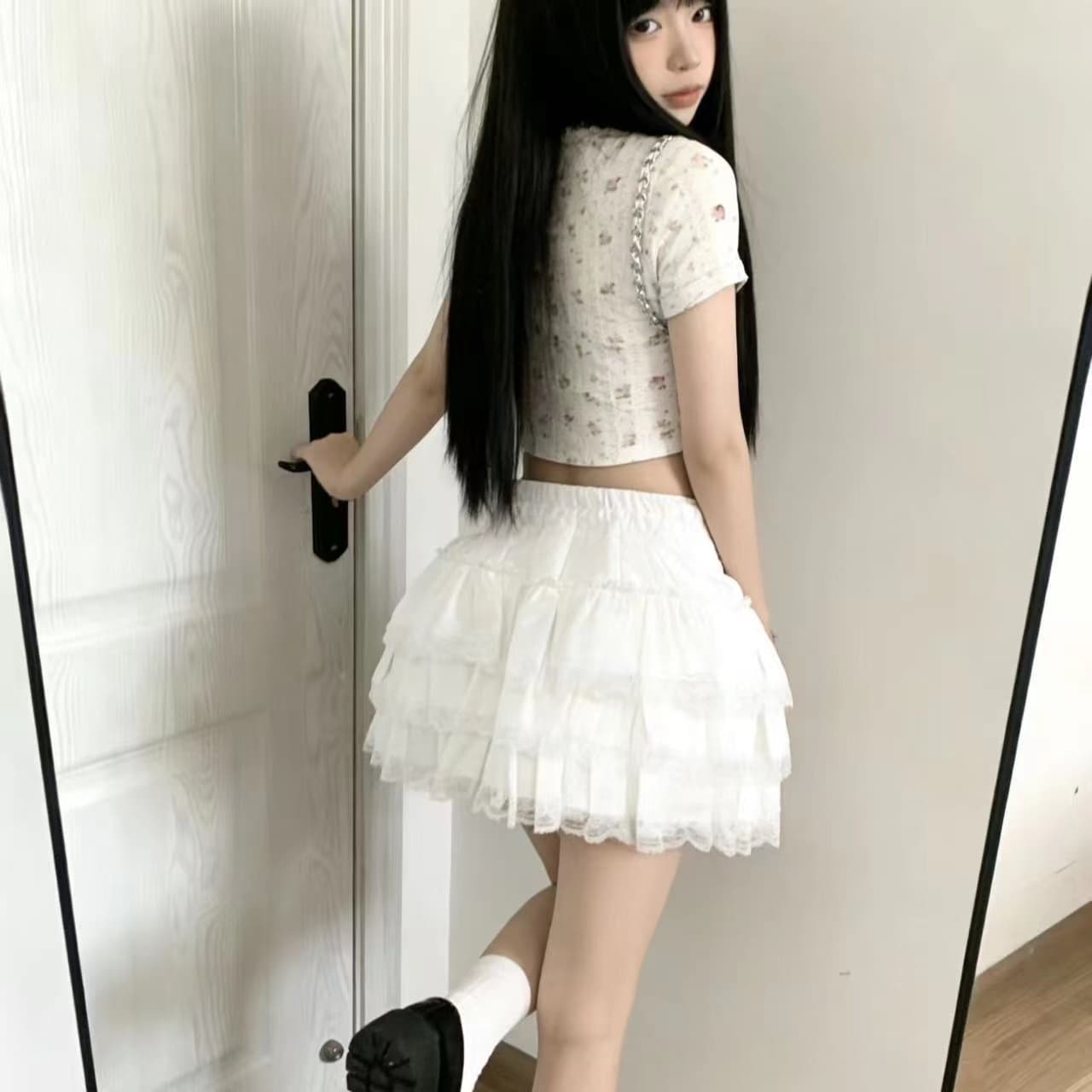 달콤함 발레 바람 화이트 케이크 반신 스커트 여성 핫걸 레이스 측면 퍼프 스커트 작은 키 한 마디 미니 스커트 이미지 2