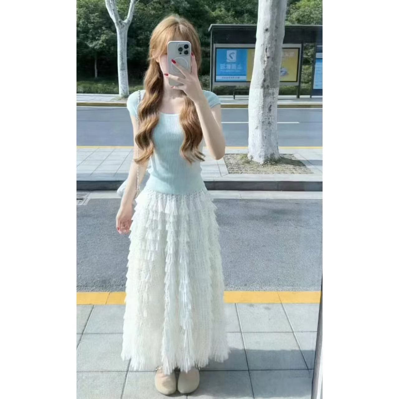 한 부서 그레이트 통해보기 가져 가라. 전체 집합 2026 새로운 파란색 맨위 여성 여름 레이스 케이크 드레스 상세 이미지 2