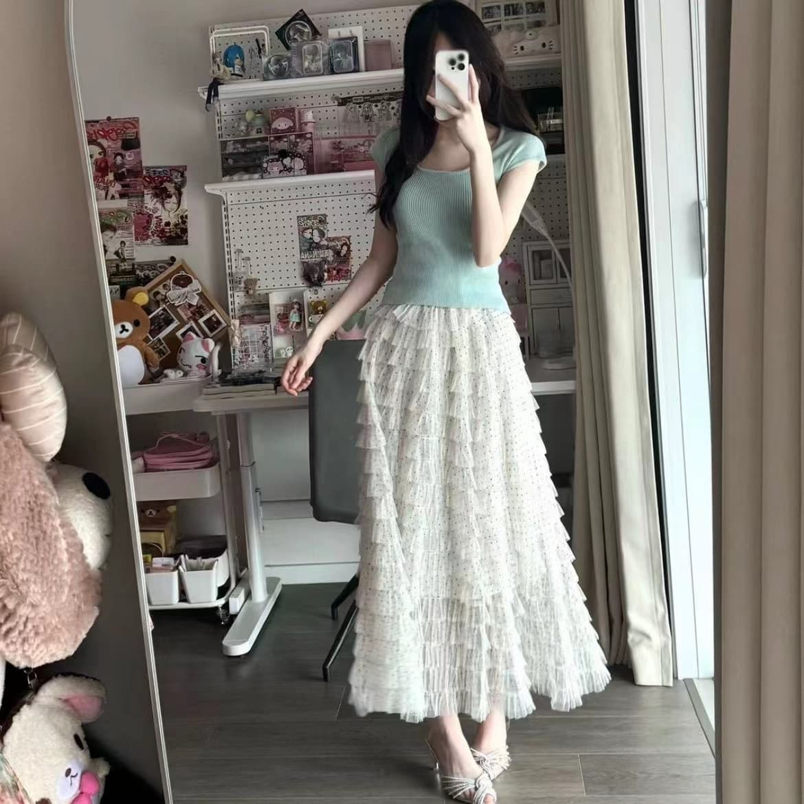 한 부서 그레이트 통해보기 가져 가라. 전체 집합 2026 새로운 파란색 맨위 여성 여름 레이스 케이크 드레스 상세 이미지 9
