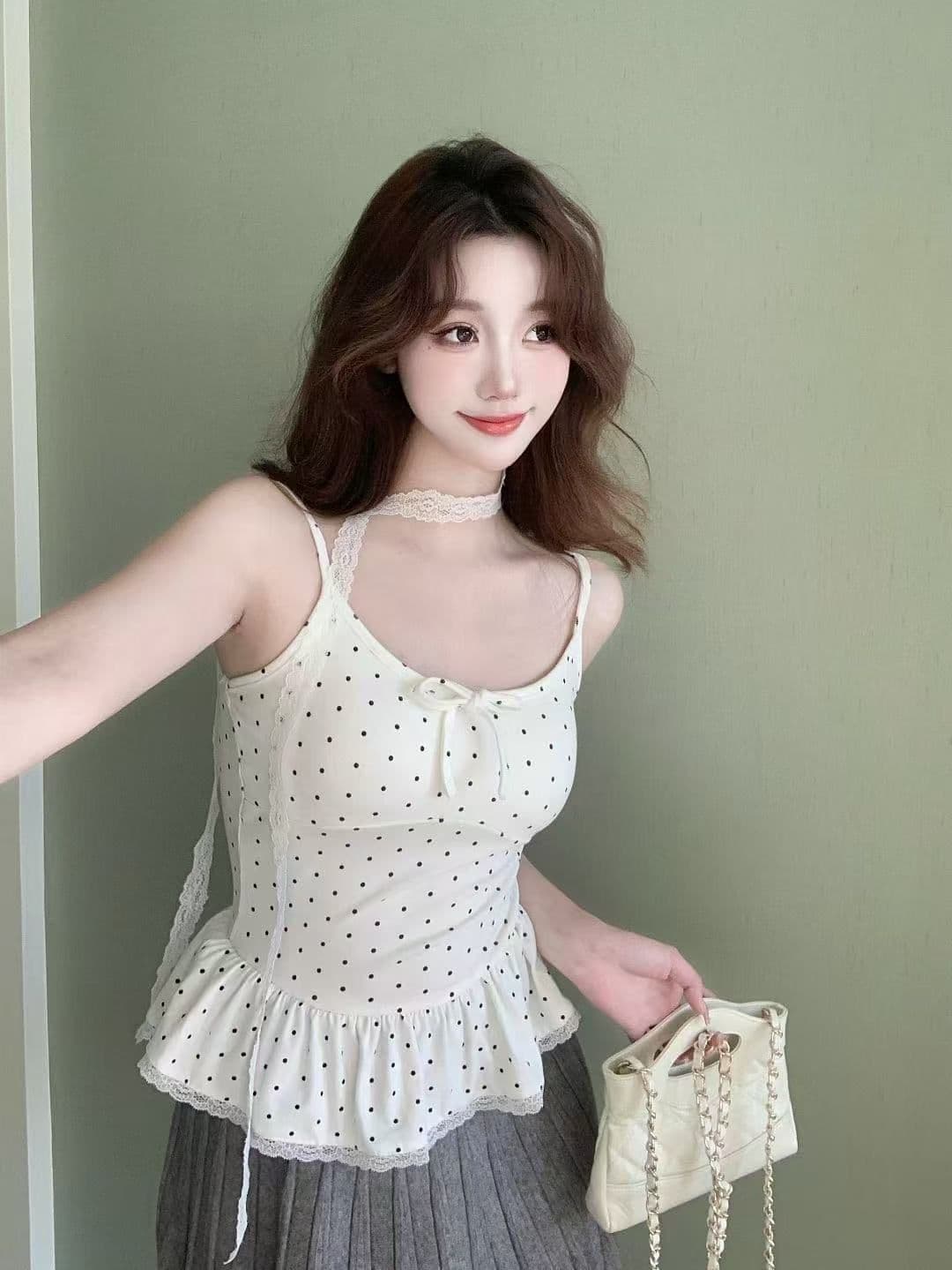 달콤한 매운맛 섹시함 나비 매듭 스트랩 작은 셔츠 여성 가을 겨울 인사이드 가져 가라. 외출용 도트 무늬 캐미솔 맨위 상세 이미지 10