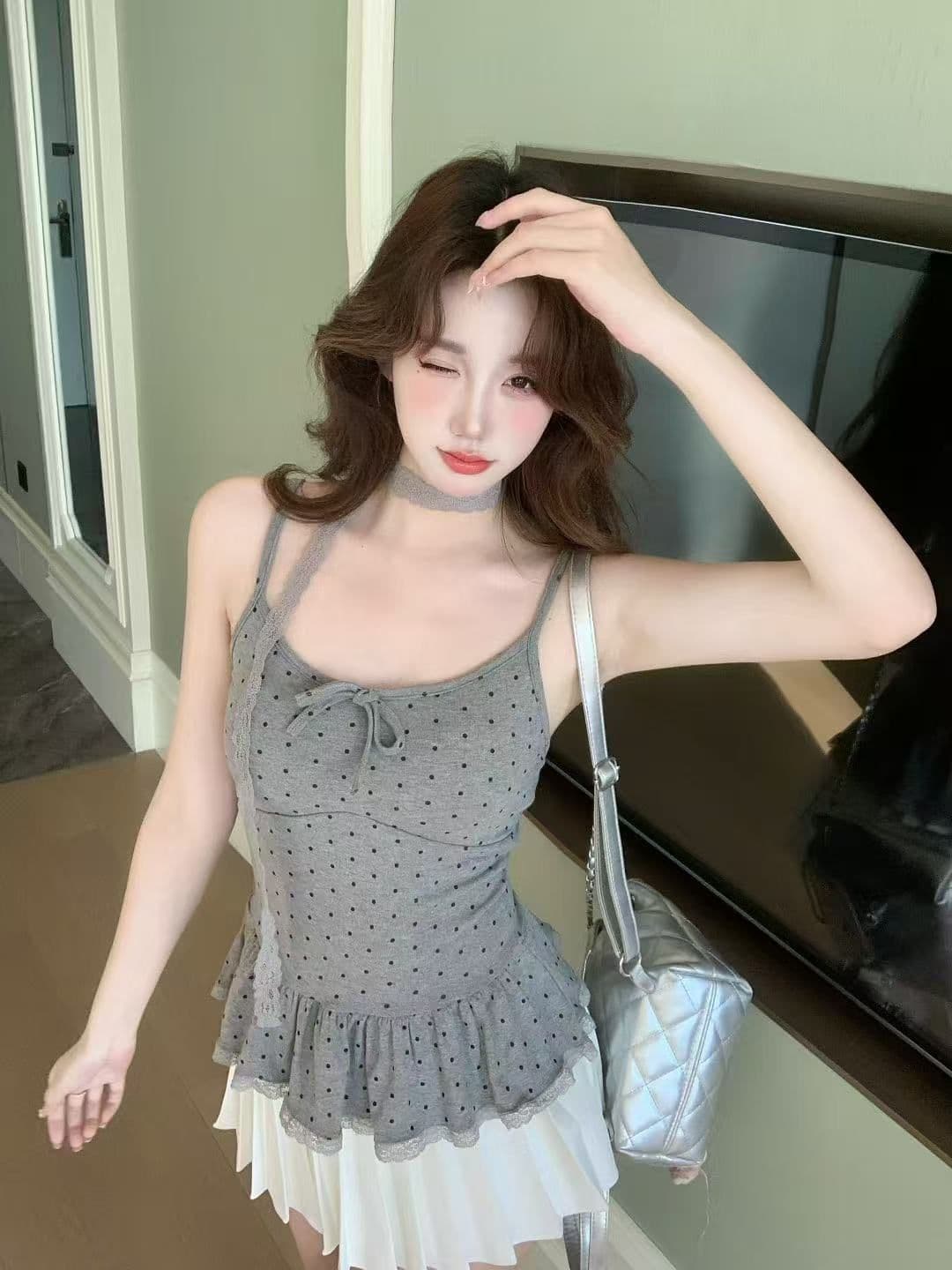 달콤한 매운맛 섹시함 나비 매듭 스트랩 작은 셔츠 여성 가을 겨울 인사이드 가져 가라. 외출용 도트 무늬 캐미솔 맨위 상세 이미지 32