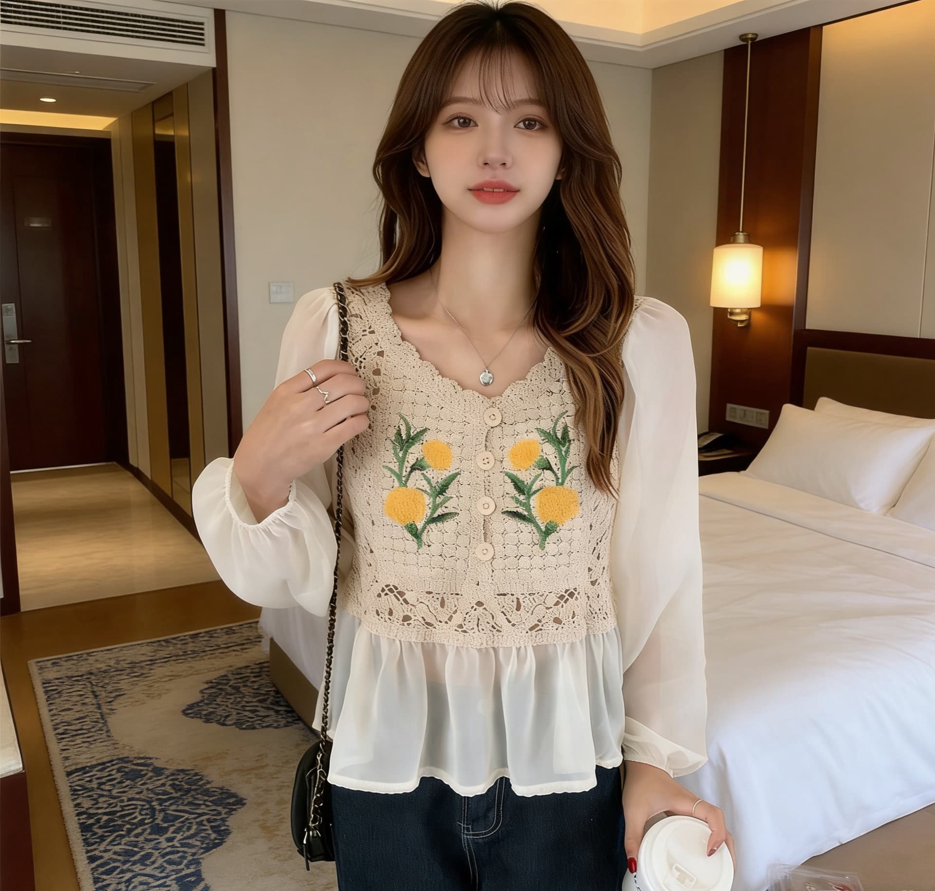 한국 레트로 외국 가스 작은 꽃 자카드 쉬폰 패치워크 긴팔 루즈핏 쇼트 스타일 셔츠 여성 셔츠 상세 이미지 1