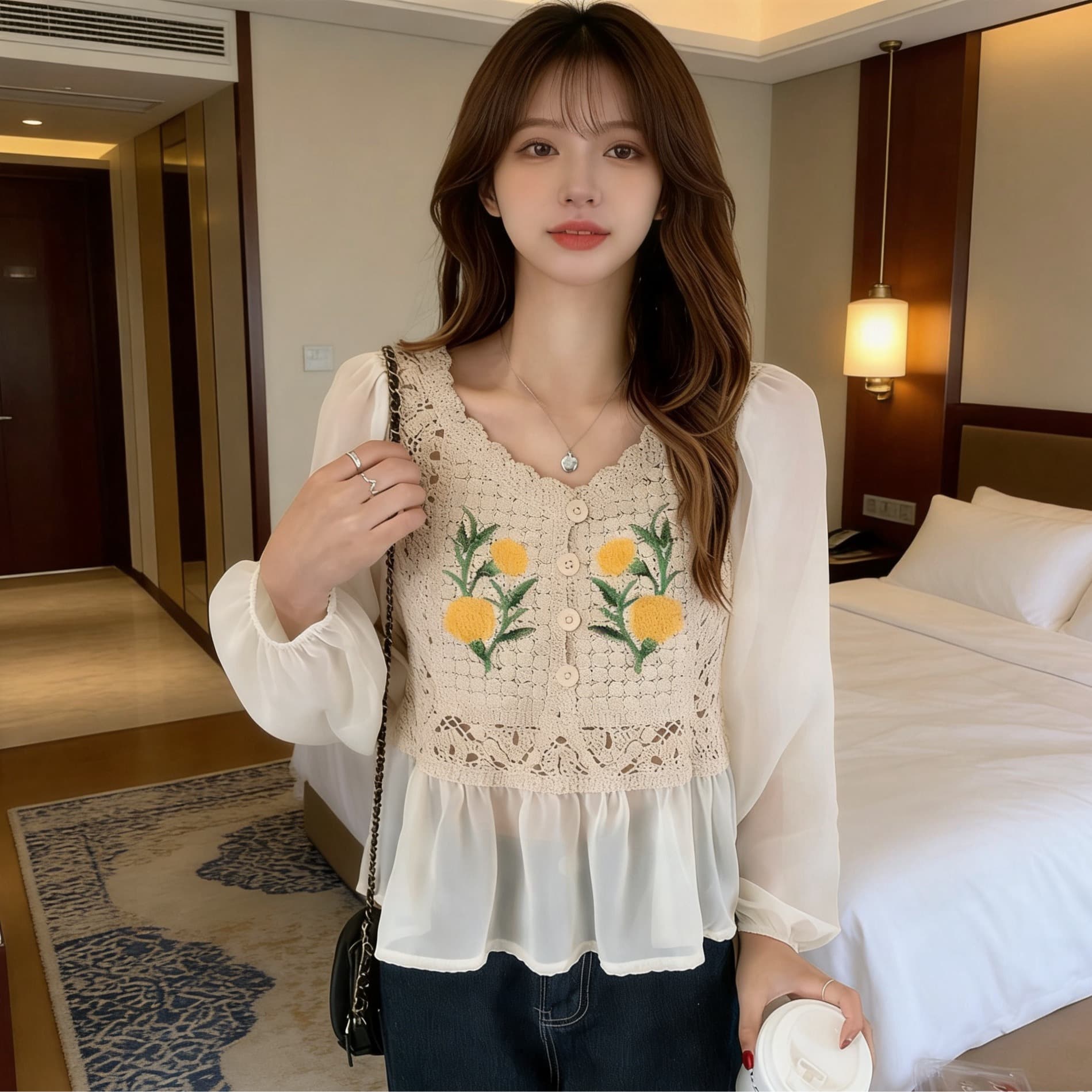 한국 레트로 외국 가스 작은 꽃 자카드 쉬폰 패치워크 긴팔 루즈핏 쇼트 스타일 셔츠 여성 셔츠 이미지 5