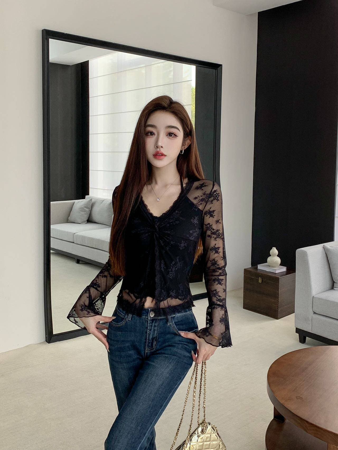 순수한 욕망 비틀림 패치워크 레이스 V넥 니트 오픈 가디건 여름 몸매 가꾸기 슬림해 보이는 패션 다용도 페이크 레이어드 상세 이미지 8