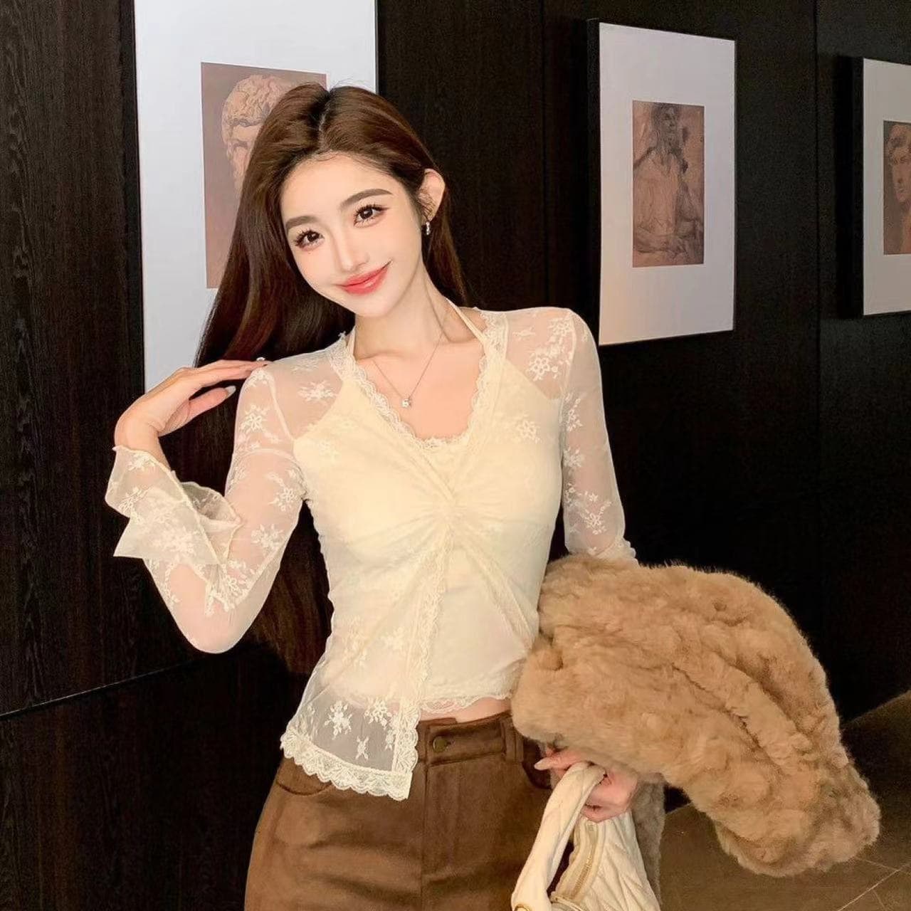 순수한 욕망 비틀림 패치워크 레이스 V넥 니트 오픈 가디건 여름 몸매 가꾸기 슬림해 보이는 패션 다용도 페이크 레이어드 상세 이미지 11