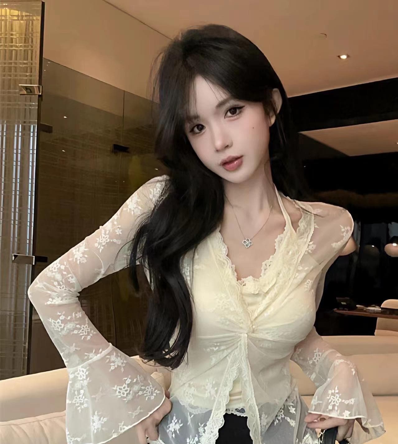 순수한 욕망 비틀림 패치워크 레이스 V넥 니트 오픈 가디건 여름 몸매 가꾸기 슬림해 보이는 패션 다용도 페이크 레이어드 상세 이미지 15
