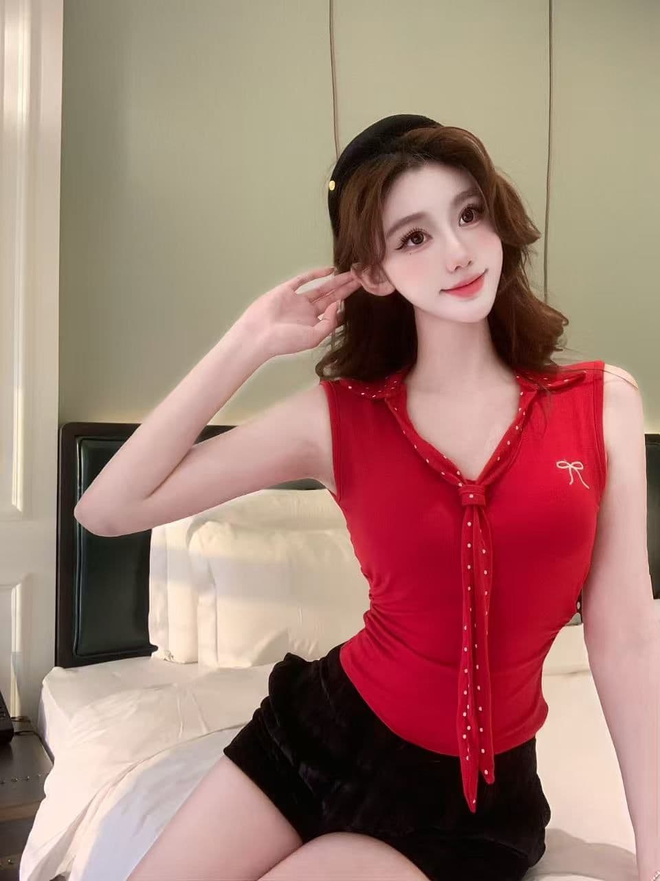 프랑스식 V넥 도트 무늬 넥타이 캐미솔 여름 2026 아메리칸 폴로 칼라 나비 매듭 자수 벨트 가슴 패드 의류 상세 이미지 15