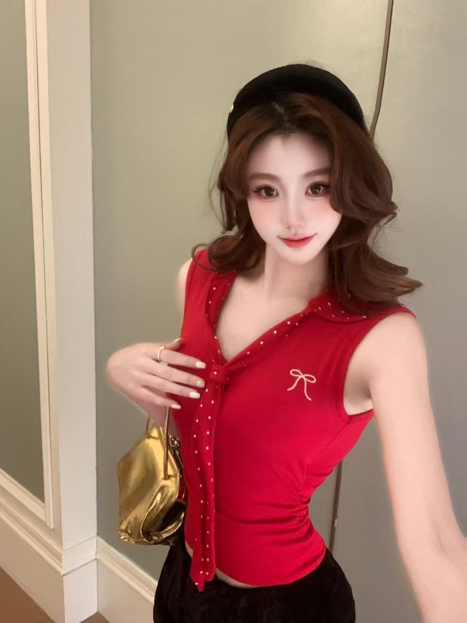 프랑스식 V넥 도트 무늬 넥타이 캐미솔 여름 2026 아메리칸 폴로 칼라 나비 매듭 자수 벨트 가슴 패드 의류 상세 이미지 18