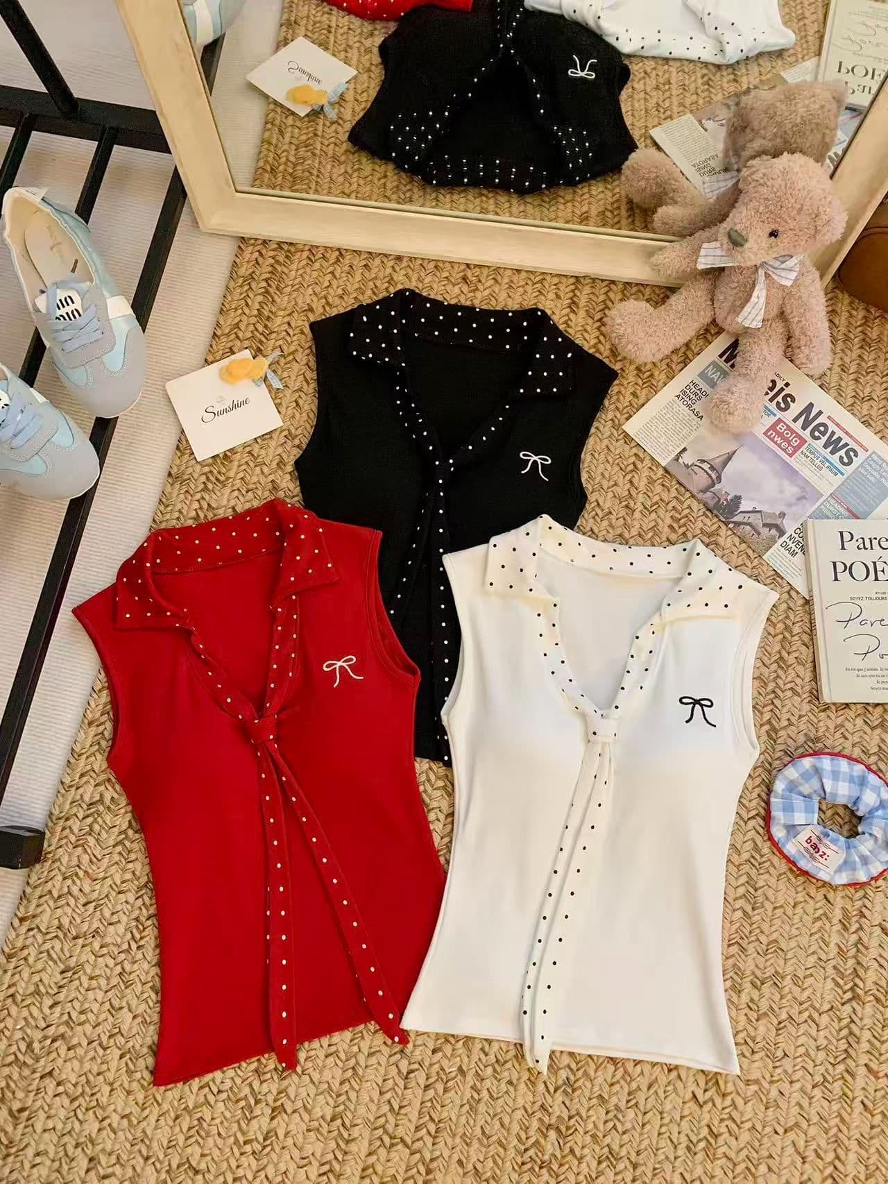 프랑스식 V넥 도트 무늬 넥타이 캐미솔 여름 2026 아메리칸 폴로 칼라 나비 매듭 자수 벨트 가슴 패드 의류 상세 이미지 21