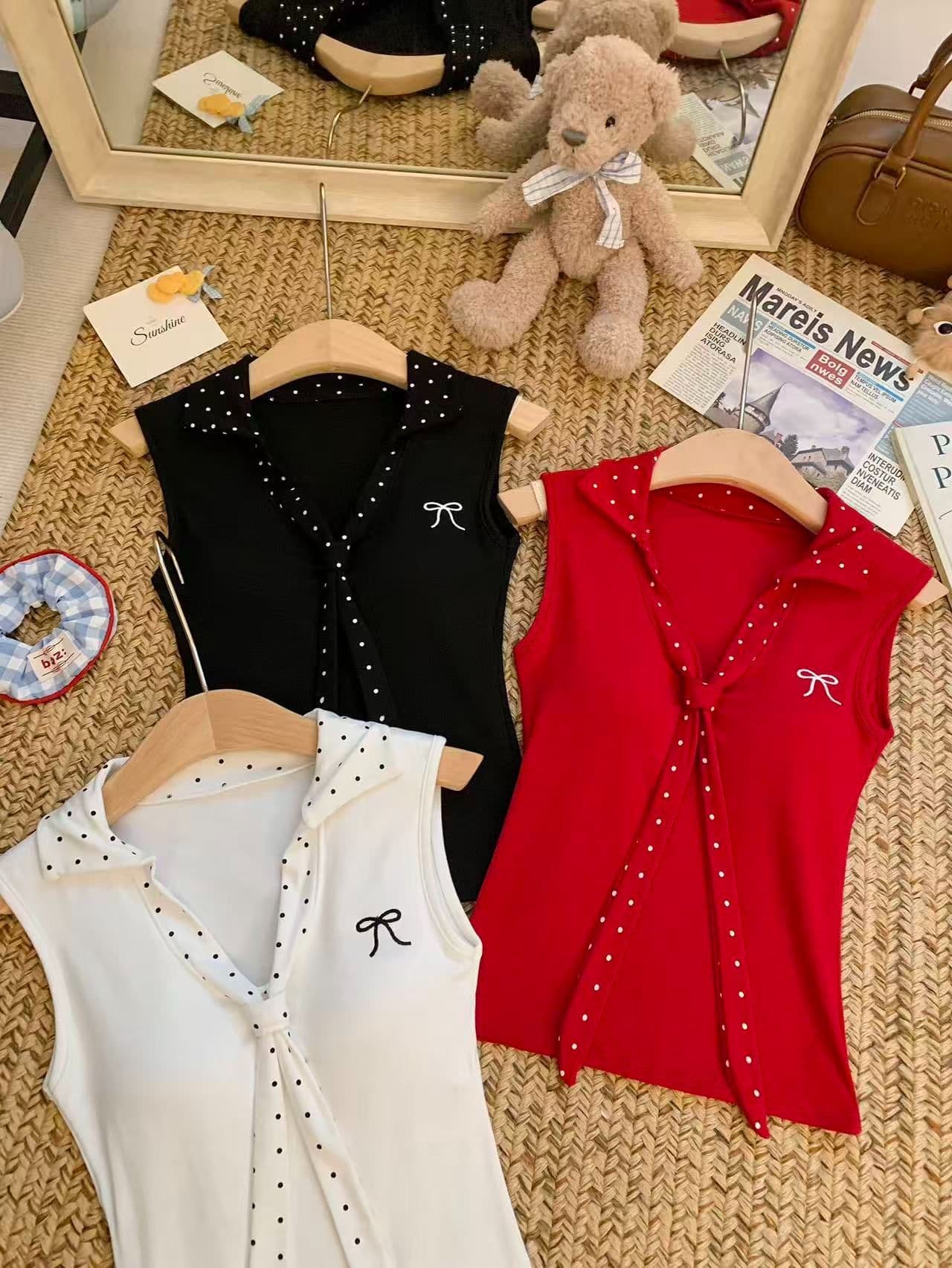 프랑스식 V넥 도트 무늬 넥타이 캐미솔 여름 2026 아메리칸 폴로 칼라 나비 매듭 자수 벨트 가슴 패드 의류 상세 이미지 26