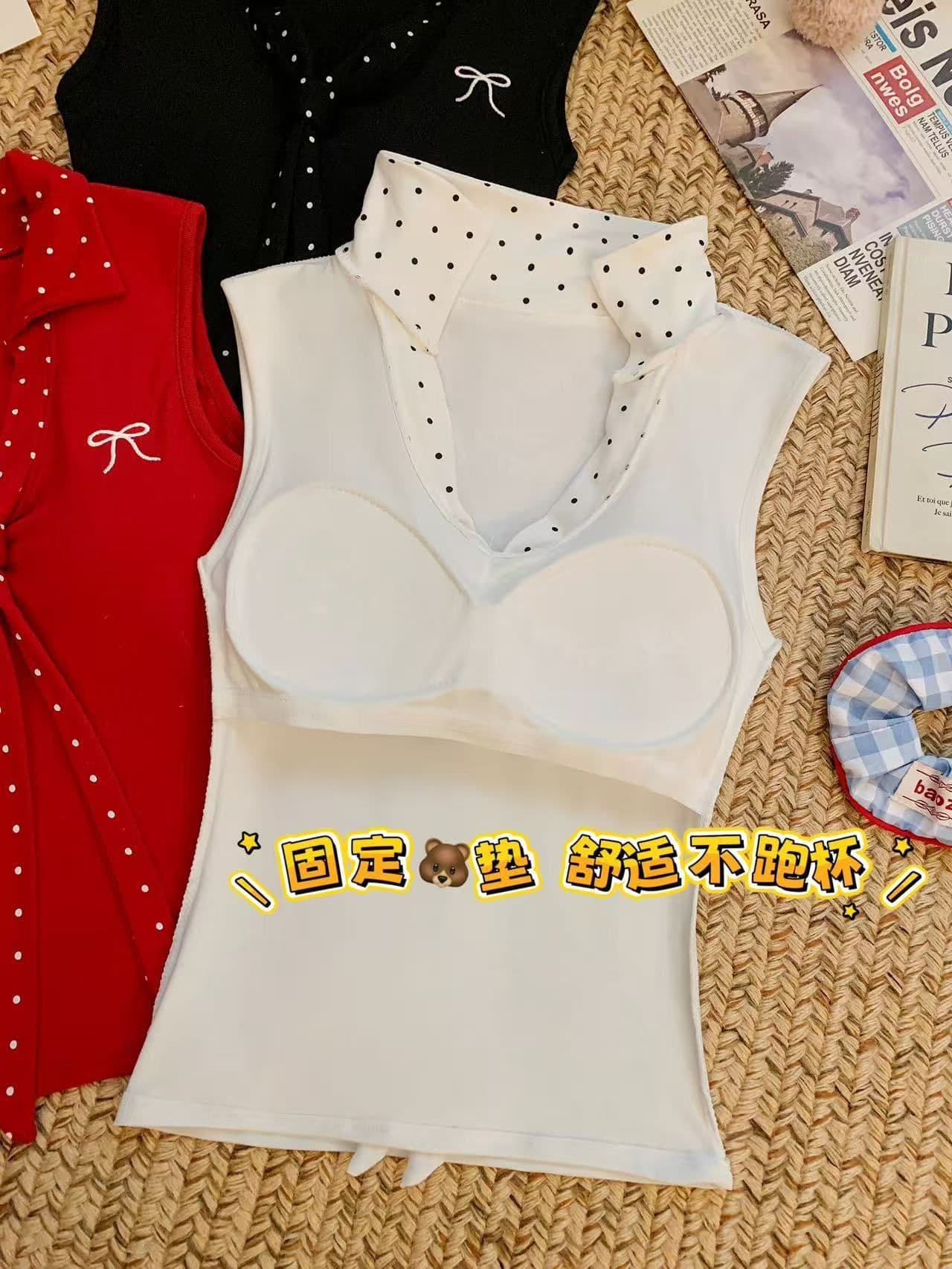 프랑스식 V넥 도트 무늬 넥타이 캐미솔 여름 2026 아메리칸 폴로 칼라 나비 매듭 자수 벨트 가슴 패드 의류 상세 이미지 28
