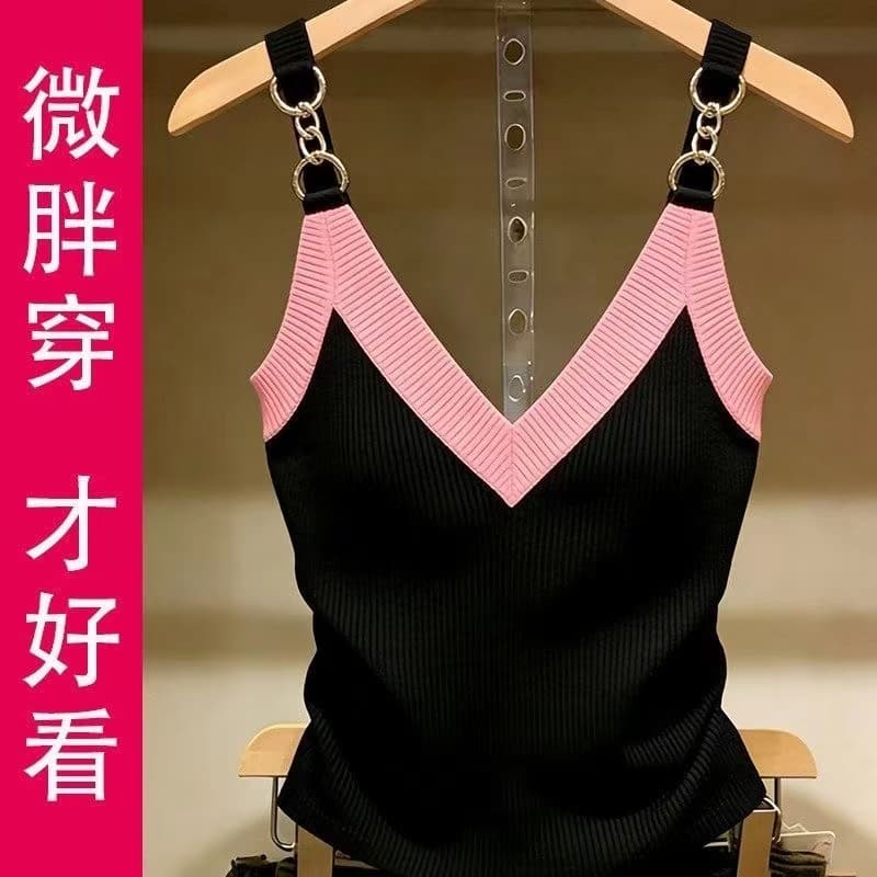아메리칸 핫걸 바람 배색 V넥 니트 캐미솔 빅 사이즈 지방 mm 외출용 표지 배 슬림해 보이는 그레이트 봐. 의류
