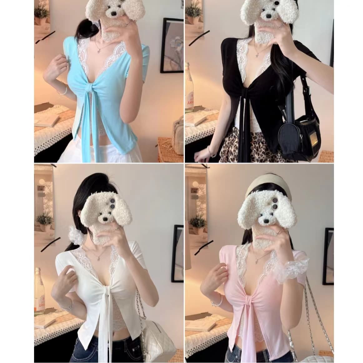 순수한 욕망 섹시함 레이스 측면 나비 넥타이 V넥 반팔 티셔츠 여성 여름 프랑스식 페이크 레이어드 벨트 가슴 패드 의류 상세 이미지 1