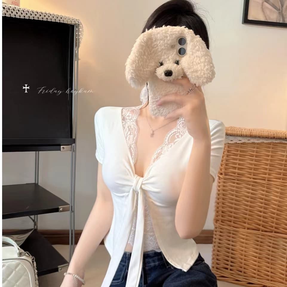 순수한 욕망 섹시함 레이스 측면 나비 넥타이 V넥 반팔 티셔츠 여성 여름 프랑스식 페이크 레이어드 벨트 가슴 패드 의류 상세 이미지 4