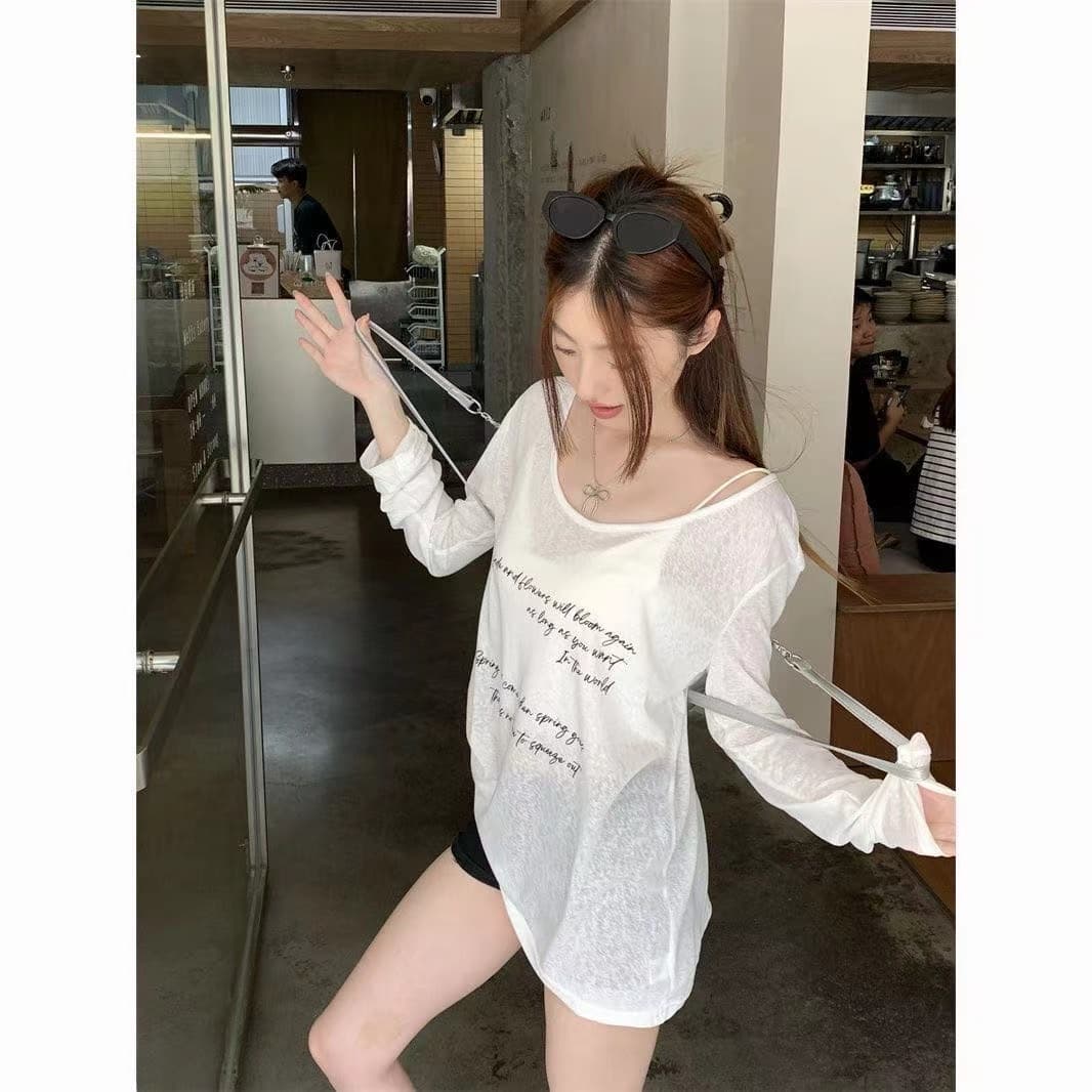 새로운 느긋한 바람 오프숄더 마이크로 ~을 통해 긴팔 티셔츠 여성 여름 루즈핏 프린트 자외선 차단 블라우스 맨위 상세 이미지 8