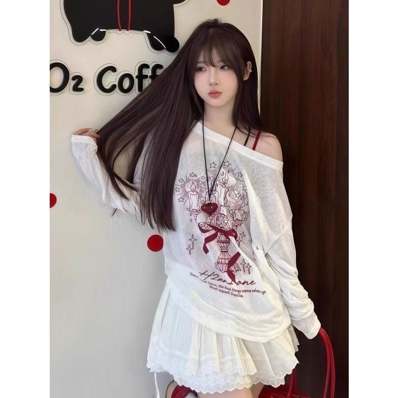 화이트 낙서 비스듬한 어깨 긴팔 티셔츠 자외선 차단 블라우스 여성 새로운 여름 얇은 스타일 느긋한 바람 루즈핏 맨위 상세 이미지 2
