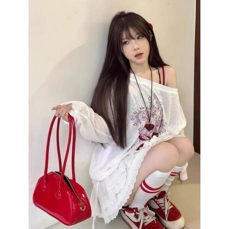 화이트 낙서 비스듬한 어깨 긴팔 티셔츠 자외선 차단 블라우스 여성 새로운 여름 얇은 스타일 느긋한 바람 루즈핏 맨위 상세 이미지 7