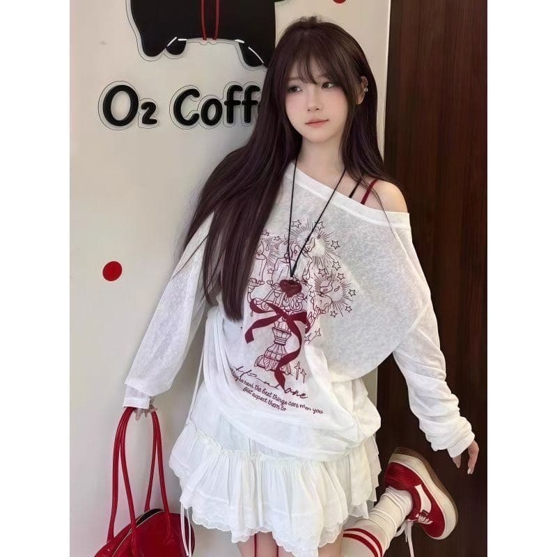 화이트 낙서 비스듬한 어깨 긴팔 티셔츠 자외선 차단 블라우스 여성 새로운 여름 얇은 스타일 느긋한 바람 루즈핏 맨위 상세 이미지 8