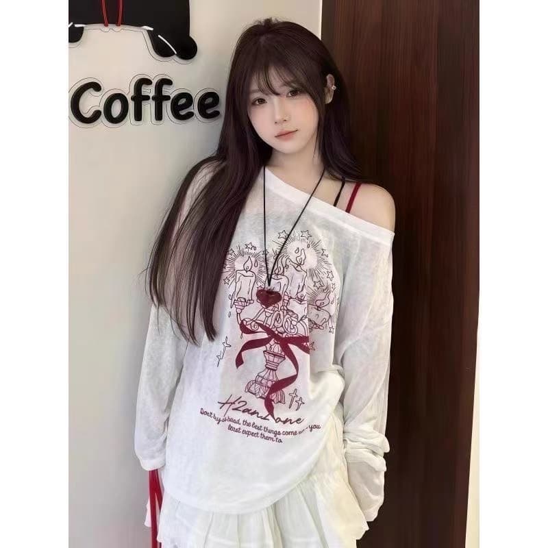 화이트 낙서 비스듬한 어깨 긴팔 티셔츠 자외선 차단 블라우스 여성 새로운 여름 얇은 스타일 느긋한 바람 루즈핏 맨위 상세 이미지 19