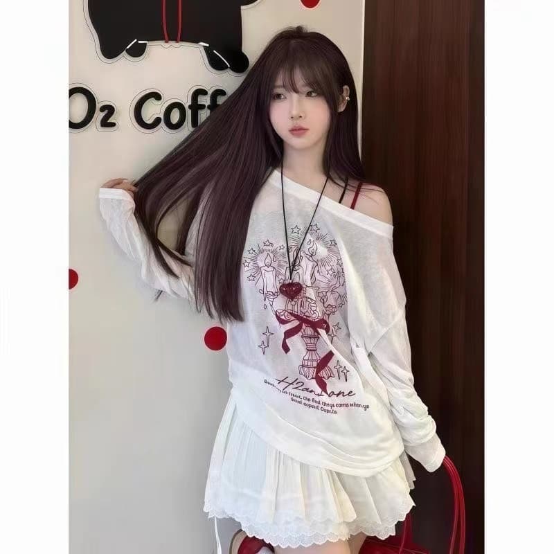 화이트 낙서 비스듬한 어깨 긴팔 티셔츠 자외선 차단 블라우스 여성 새로운 여름 얇은 스타일 느긋한 바람 루즈핏 맨위 상세 이미지 21