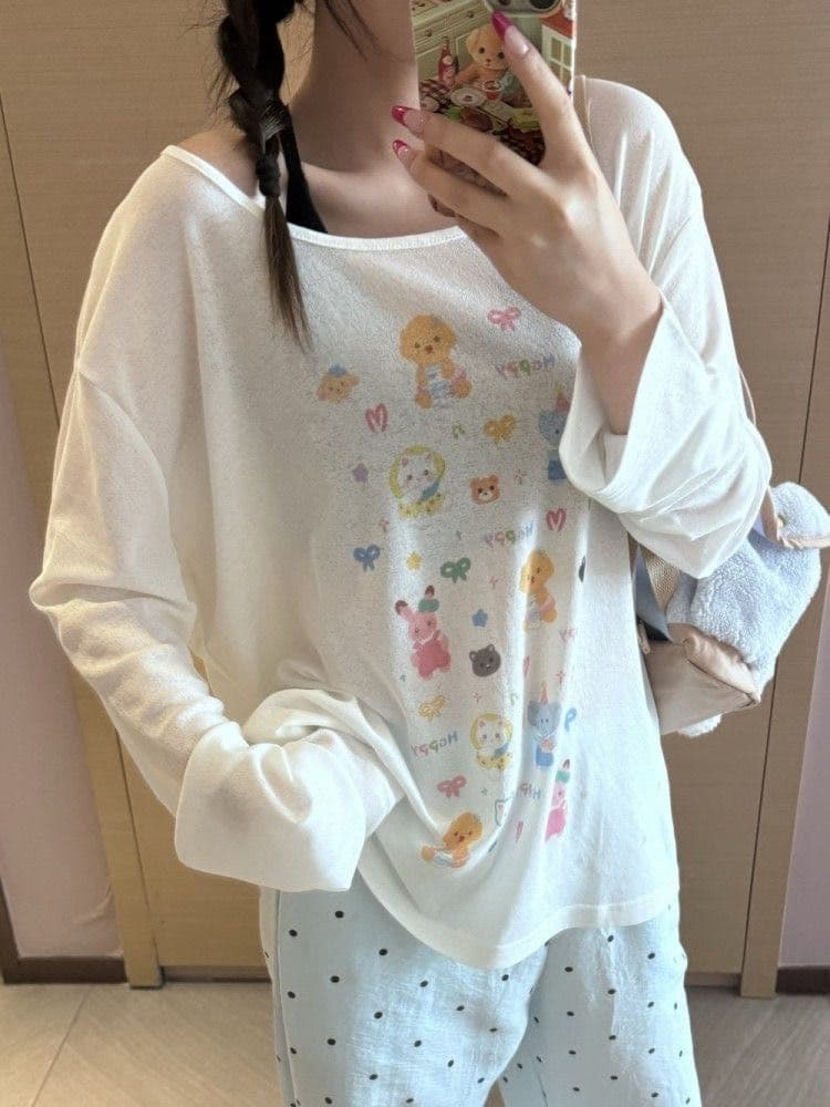 한 부서 일본식 만화 프린트 긴팔 새로운 티셔츠 여름 느긋한 자외선 차단 루즈핏 캐주얼 얇은 스타일 블라우스 맨위 상세 이미지 6