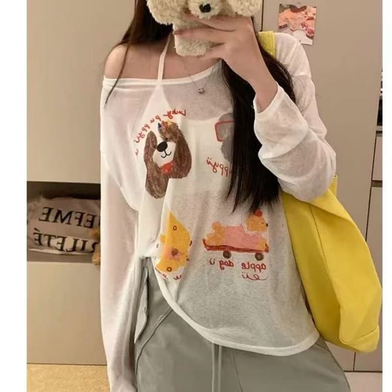 한 부서 살구 색상 프린트 긴팔 티셔츠 여성 의류 여름 스택 착용 루즈핏 얇은 스타일 자외선 차단 블라우스 느긋한 바람 맨위