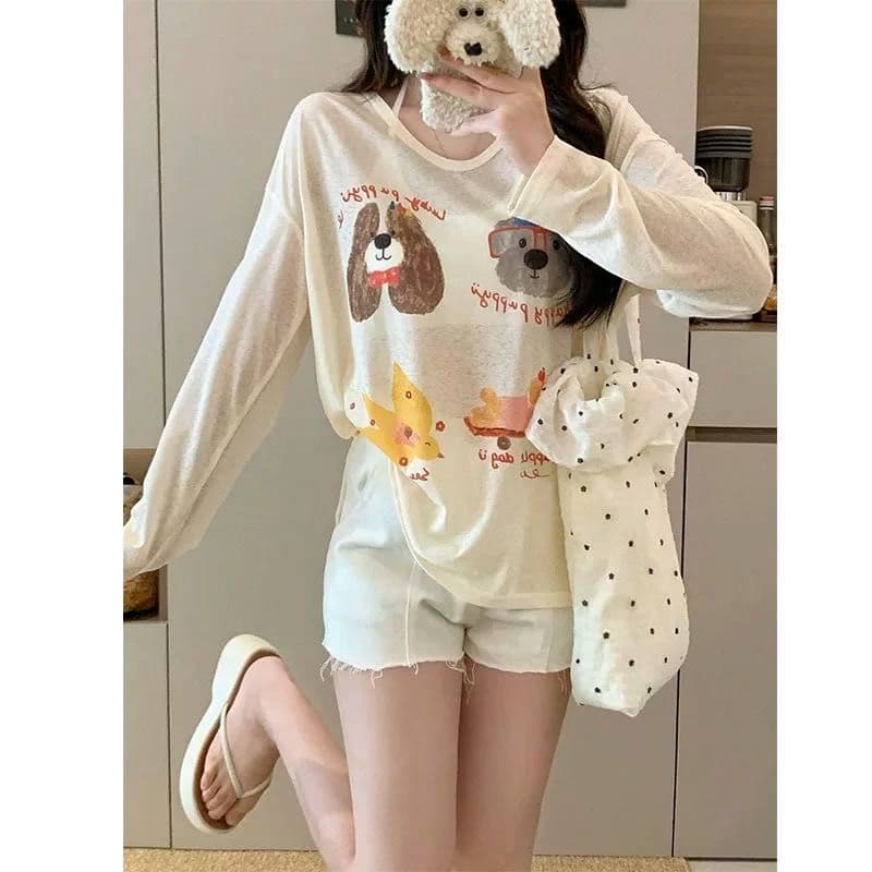 한 부서 살구 색상 프린트 긴팔 티셔츠 여성 의류 여름 스택 착용 루즈핏 얇은 스타일 자외선 차단 블라우스 느긋한 바람 맨위 상세 이미지 12