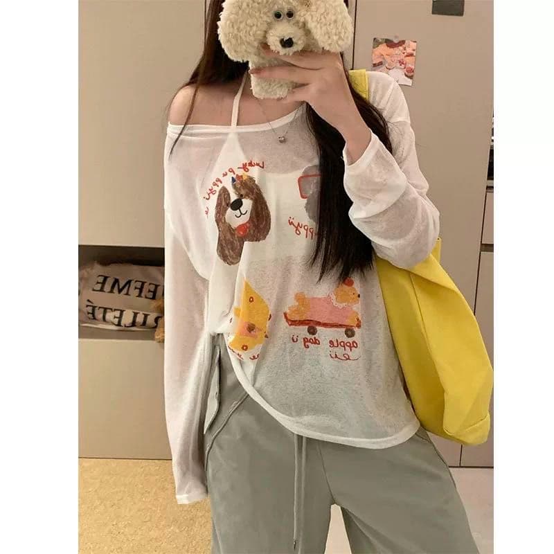 한 부서 살구 색상 프린트 긴팔 티셔츠 여성 의류 여름 스택 착용 루즈핏 얇은 스타일 자외선 차단 블라우스 느긋한 바람 맨위 상세 이미지 13