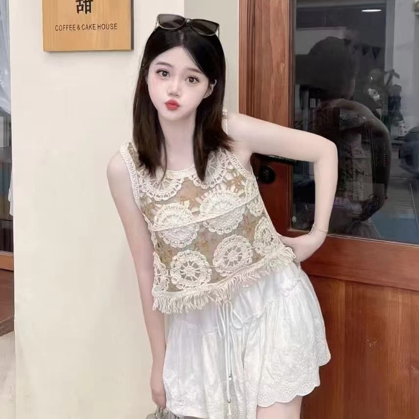2026 봄 여름 새로운 순면 패치워크 색상 술 외부 가져 가라. 자수 홀로우 아웃 조끼 여성 훅 제직 민소매 어깨 베스트 이미지 5