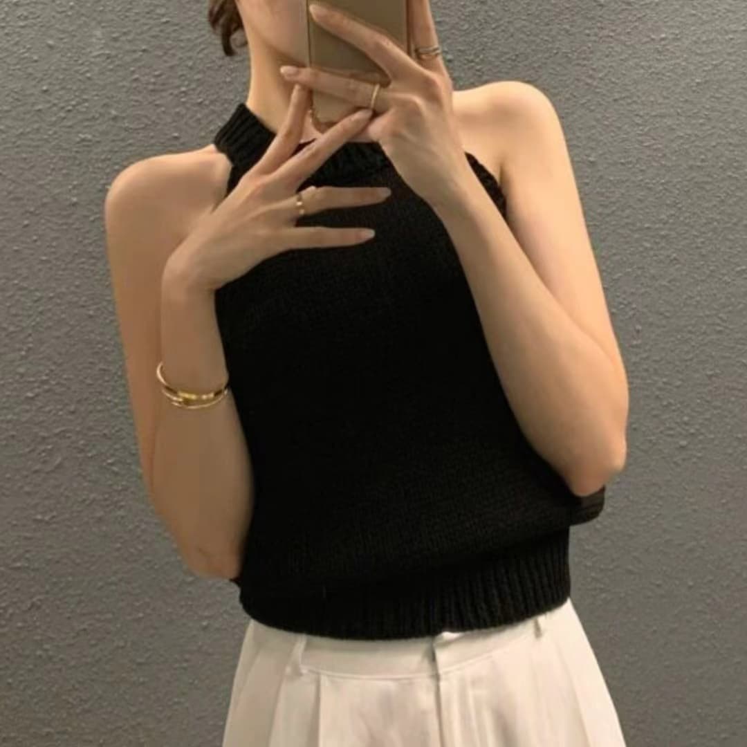프랑스식 섹시함 행침 목 오프숄더 니트 조끼 여성 2026 여름 화이트 몸매 가꾸기 슬림해 보이는 인사이드 가져 가라. 민소매 맨위 이미지 2